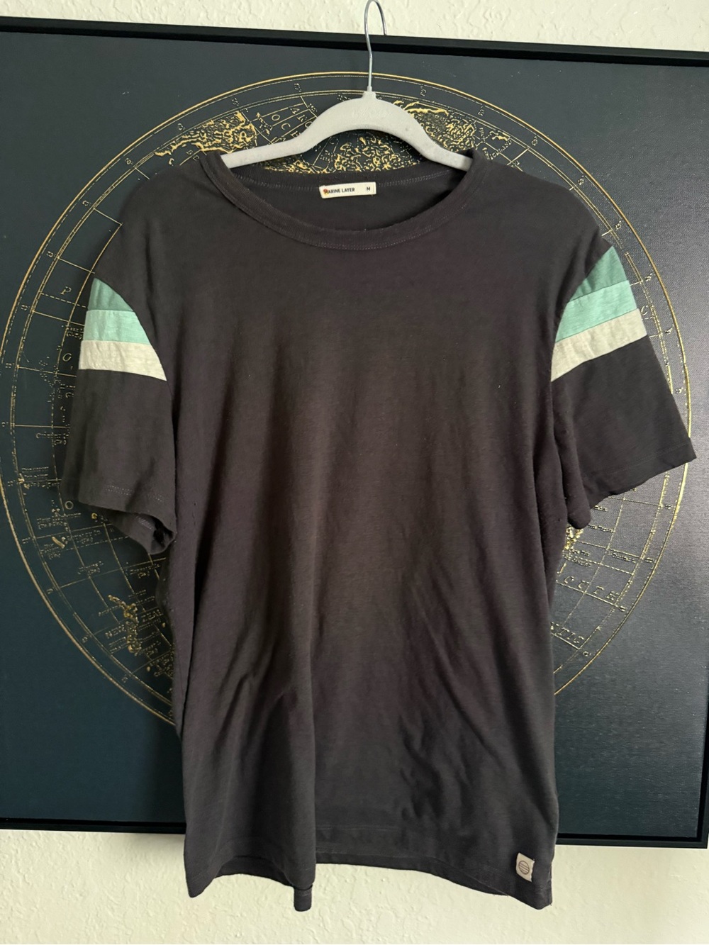 Black Label Black Short Sleeve Tee with Mint and White Shoulder Stripes